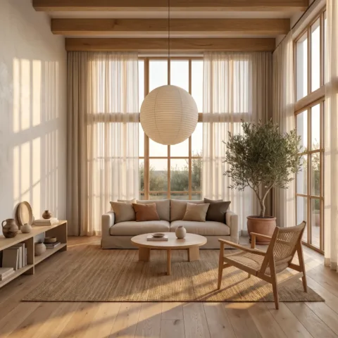Salón japandi: render de diseño de interiores